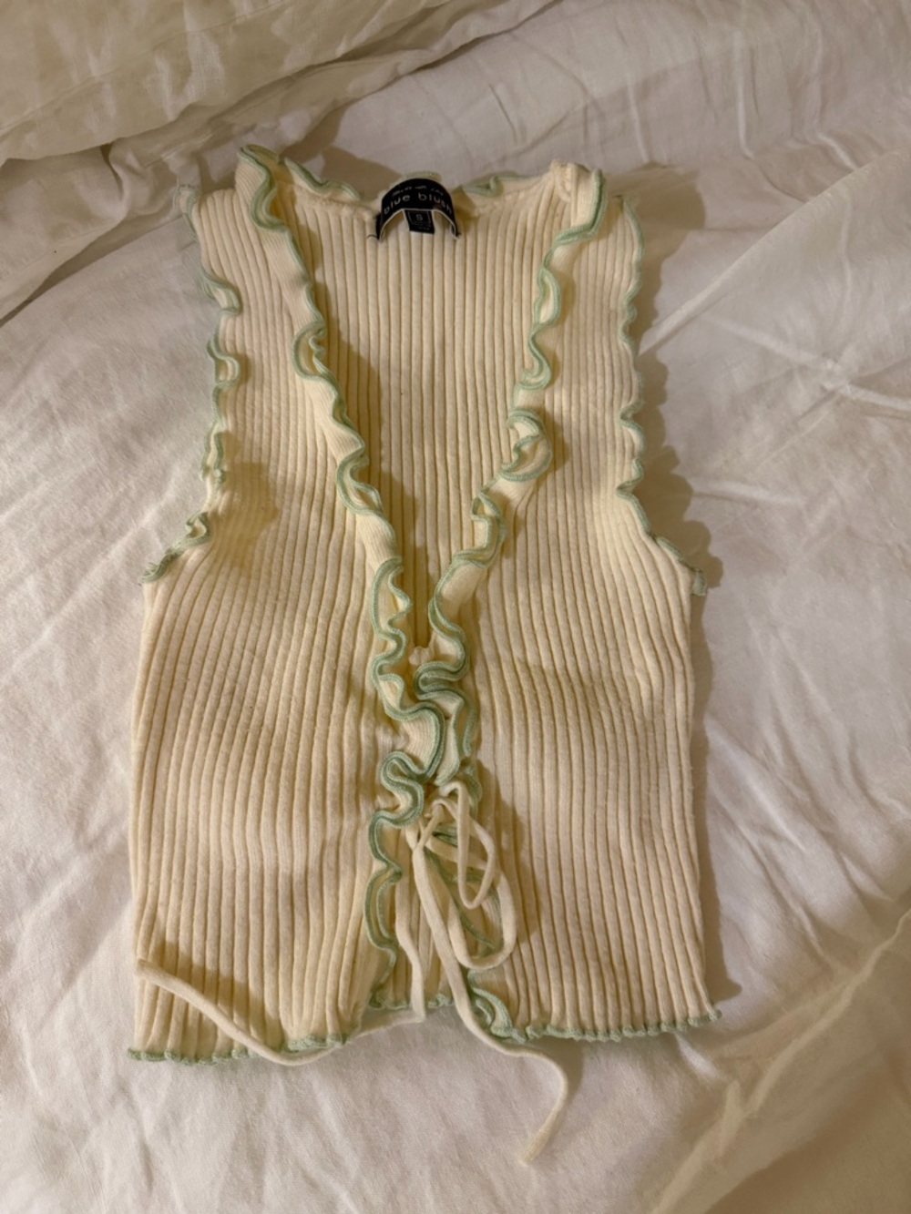 Blue Blush Cream Ribbed Tank with Sage Trim